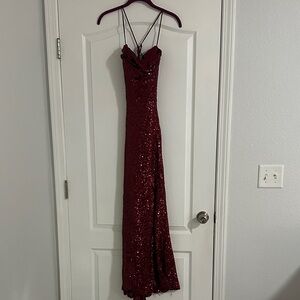 B Darlin Burgundy Sequin Spaghetti Strap Prom Dress